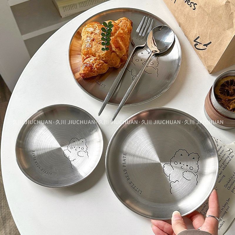 韓系ins風不鏽鋼圓盤淺盤金屬託盤點心甜品蛋糕簡餐烤肉野餐盤子