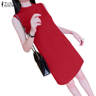 Zanzea 女式韓版時尚圓領派對無袖貼袋連衣裙