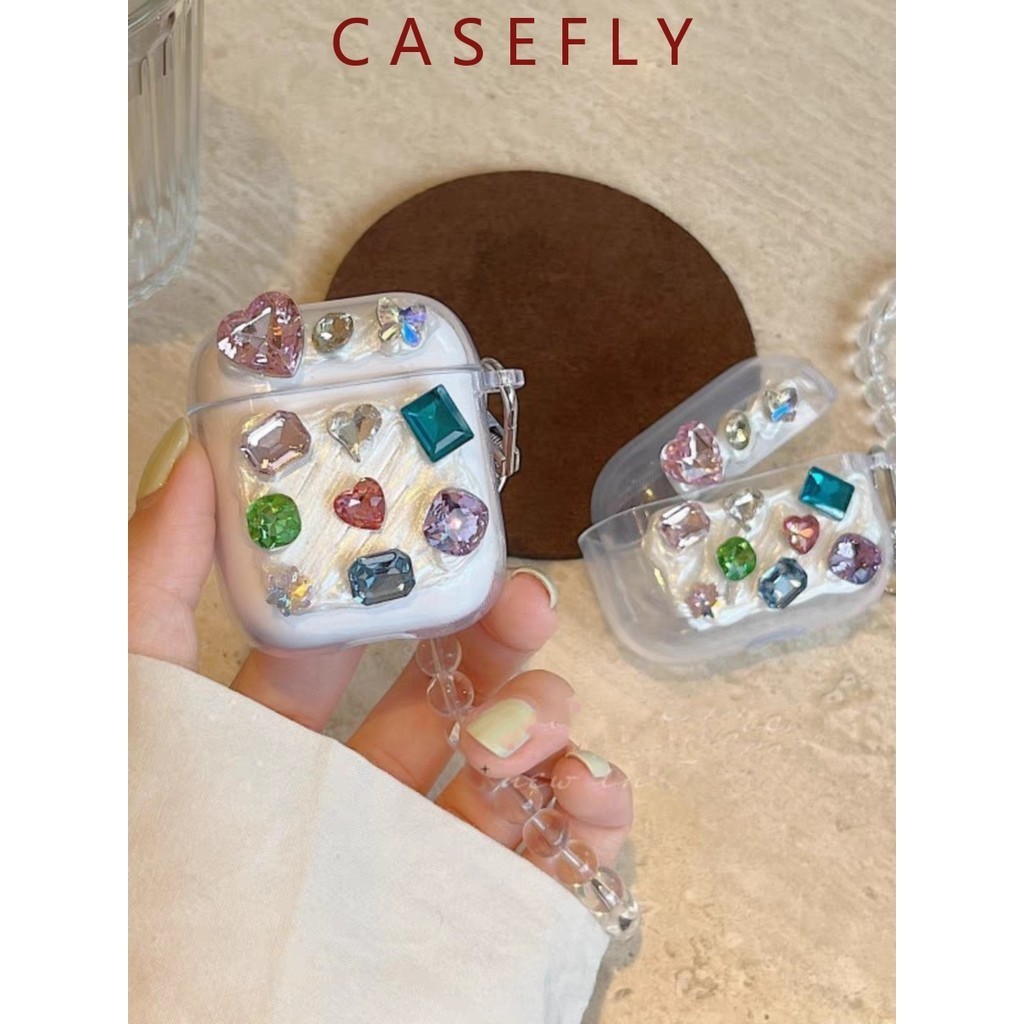 Airpods Case 1/2/3 &amp; Airpods Pro/Pro 2 Case 手工彩鑽帶繩桃矽膠 Airpod