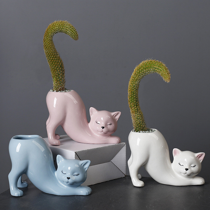 創意可愛貓尾巴柱花盆陶瓷跨境卡通動物創意多肉猴尾柱仙人掌花器