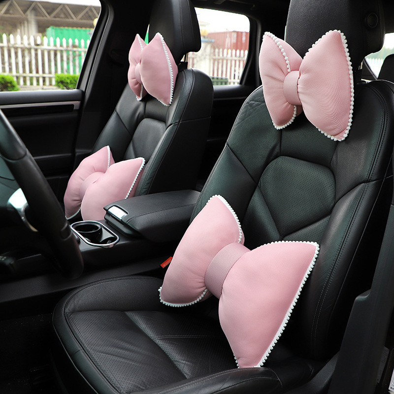 創意粉色系列汽車護頸頭枕可愛粉色蝴蝶結汽車護腰靠背女孩汽車座椅套裝