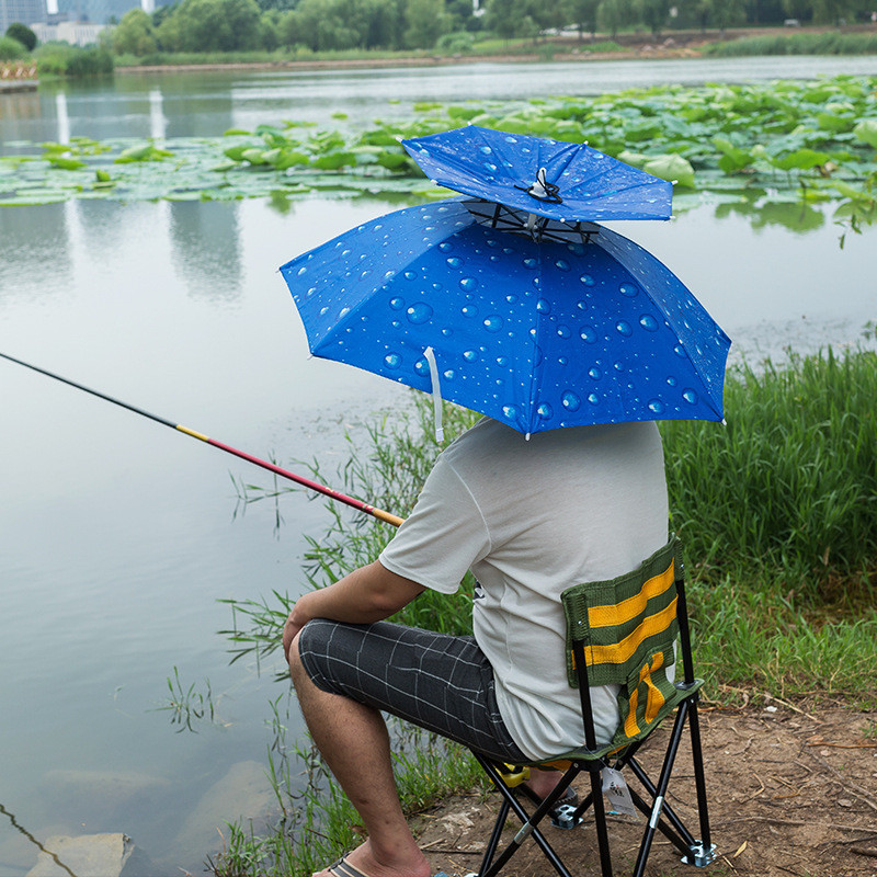 米卡諾 雙層防風防紫外線釣魚傘帽 頭戴雨傘防晒摺疊頭傘遮陽傘帽