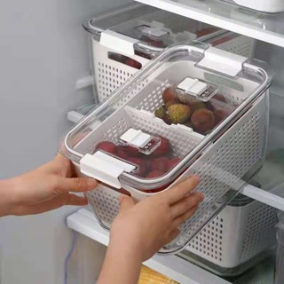 精品升级#日式雙層食品級塑料瀝水籃 保鮮盒冰箱 收納盒 密封可調節 隔板蔬果盒 冰箱收納 洗菜籃