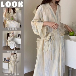 日系ins風睡衣女 浴袍薄款 春秋季扎染條紋繫帶家居服 睡袍 情侶浴袍 睡袍睡衣 溫泉游泳浴衣 飯店浴袍 薄款 男女可穿
