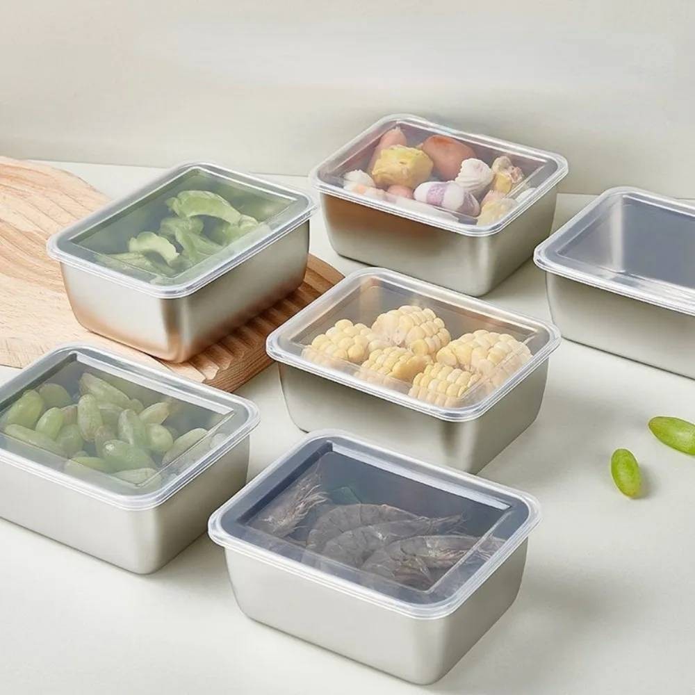 不銹鋼帶蓋保鮮盒 - 冰箱肉類/甜點食品托盤 - 密封蔬菜水果儲物盒 - 矩形野餐食品包裝盒 - 廚房容器