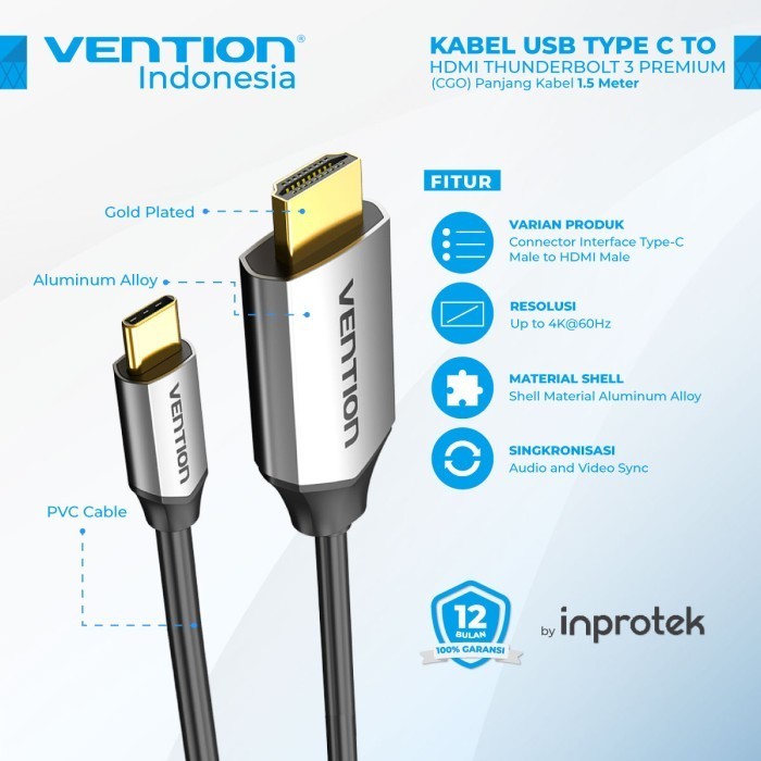 Vention 電纜適配器轉換器 HDTV Thunderbolt 3 USB C 型轉 HDMI CGO 1.5 米