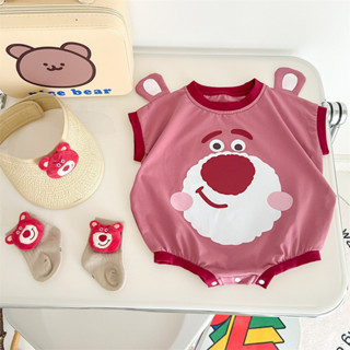 寶寶卡通草莓熊連體衣純棉短袖卡通設計可愛草莓熊寶寶連身衣