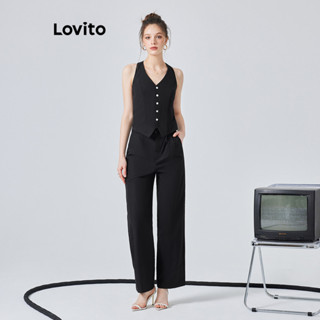 Lovito 優雅素食假兩件合一口袋前鈕扣女式連身褲 L74ED347