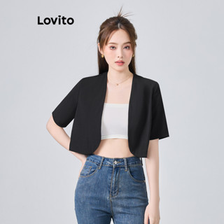 Lovito 女士休閒素色基本款短版西裝外套 L74ED070 (黑色)