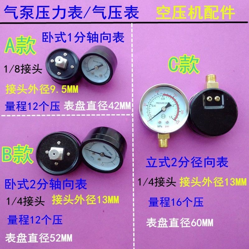 1.23 熱賣 空壓機配件壓力錶空氣壓縮機氣泵配件壓力錶氣壓表1分2分外絲接口