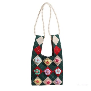Skin 女士菱形圖案水桶包配珍珠鍊帶彩色花朵手提包
