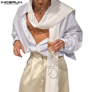 Incerun 男士復古時尚絲帶設計條紋長袖襯衫