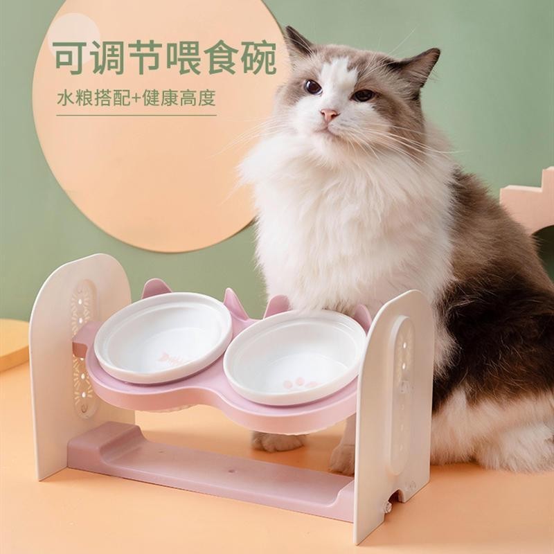 寵物貓碗陶瓷保護頸椎雙碗可調整高度碗架高腳貓咪狗狗盆幼貓水碗