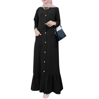 Hijabista 女士穆斯林魚尾日常側袋鈕扣荷葉邊下擺連衣裙