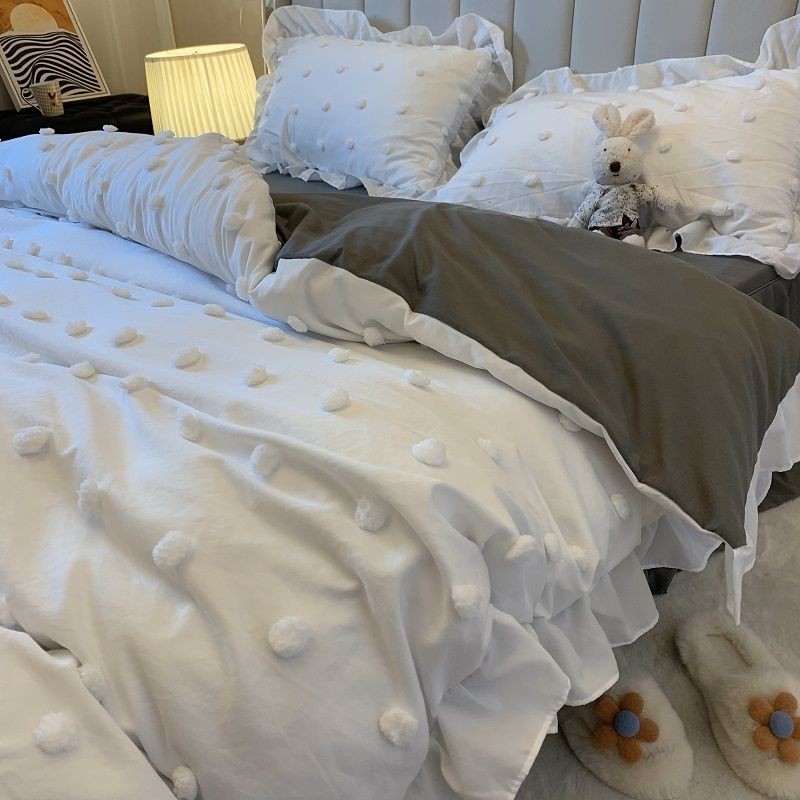 公主風床品床單四件套春款床裙式白色毛球被套宿舍單人床上三件式
