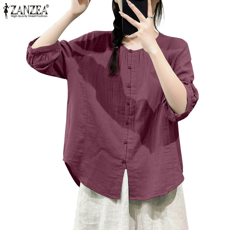 Zanzea 女式韓版日常休閒泡泡袖純色 O 領襯衫