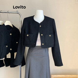 Lovito 女士休閒純色鈕扣口袋西裝外套 LNE33051 (黑色)