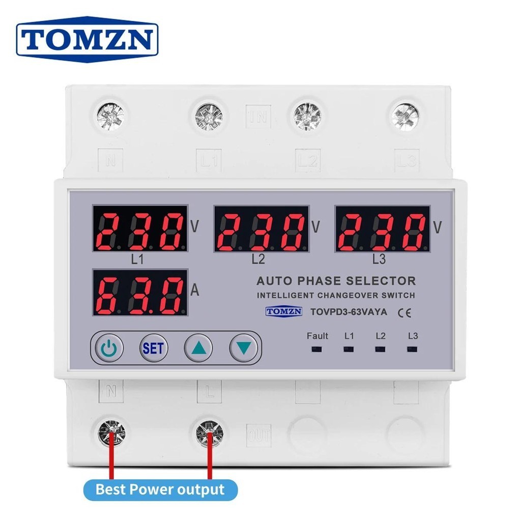 63a TOMZN 3相3P+N導軌相位選擇器可調過欠壓電流保護監控繼電器保護器