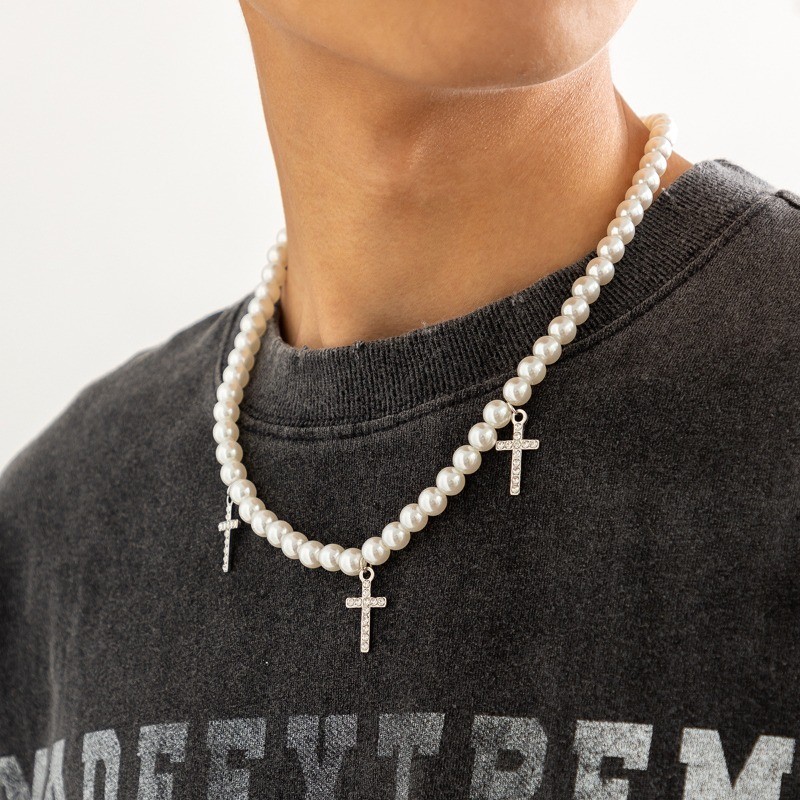 男士個性項鍊配鑽石珍珠十字架項鍊時尚嘻哈吊墜項鍊