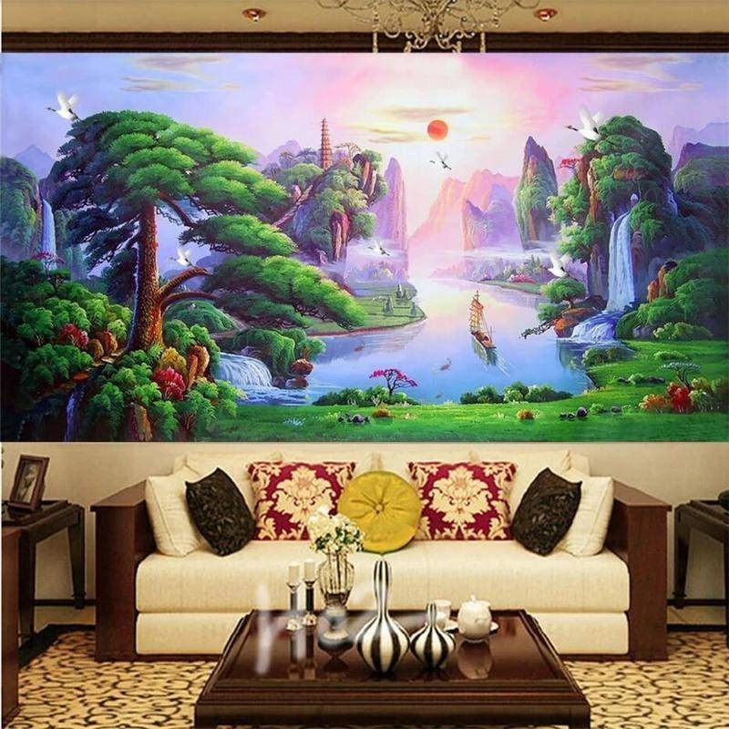 定制水與財富風景 3d 壁畫壁紙客廳電視房沙發背景牆紙家居裝飾