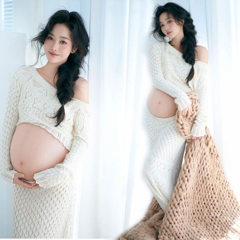 新款孕婦裝攝影針織套裝影樓唯美孕媽法式拍照服裝寫真甜美風服裝
