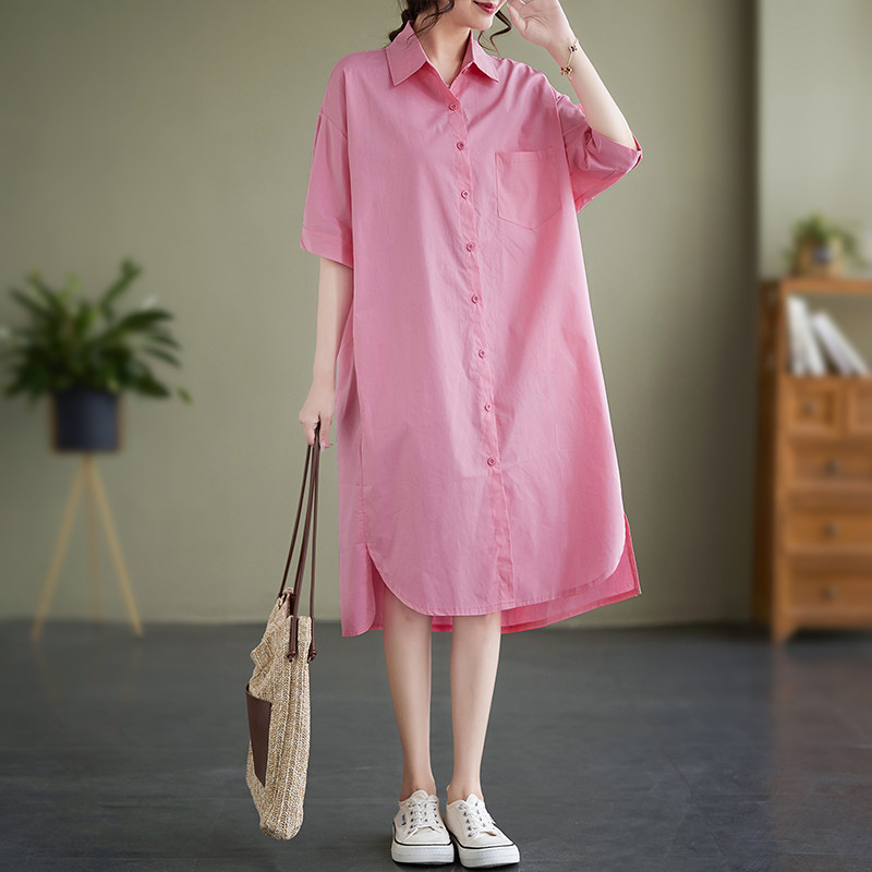 夏款韓版大尺碼寬鬆休閒開叉粉色襯衫裙女中長款亞麻短袖洋裝 孕婦洋裝