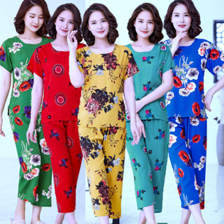 睡衣套裝女夏季媽媽家居服短袖中老年加大碼2件套