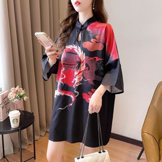 T恤國潮旗袍領短袖女裝夏季新款中國風印花寬鬆大尺碼顯瘦