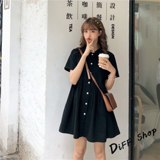 【現貨速發】 【DIFF】韓版翻領設計感法式短袖連衣裙 洋裝 套裝 短袖上衣 短袖t恤 女裝 顯瘦上衣 衣服 寬鬆上衣【