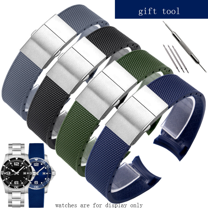橡膠錶帶 21 毫米黑色藍色綠色灰色腕帶帶折疊扣,適用於浪琴表征服手錶手鍊配件