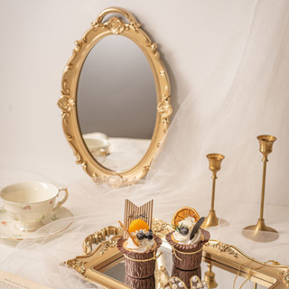 宮廷Vintage牆面化妝鏡掛鏡鏡子裝飾法式金色浮雕拍照異型復古