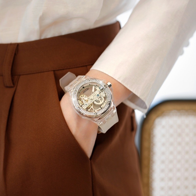 GUOU品牌手錶 8221 高級透明鏤空全自動機械腕錶 矽膠 防水女士手錶