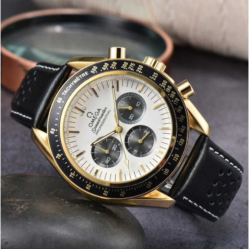 歐米茄超霸系列石英機芯男士手錶銳42mm不銹鋼錶盤18k白金錶殼皮錶帶