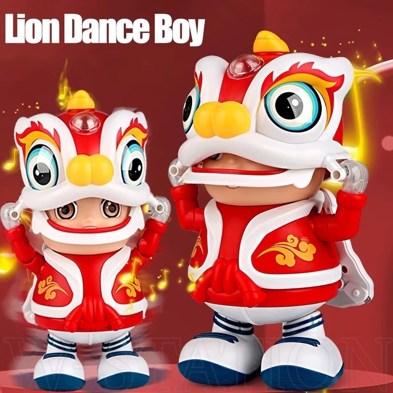 卡通舞獅男孩發光玩具 - 可愛的電動搖擺跳舞機器人 - 中國風趣味音樂復古娃娃新年禮物 - 節日玩具禮物、學校獎勵課程