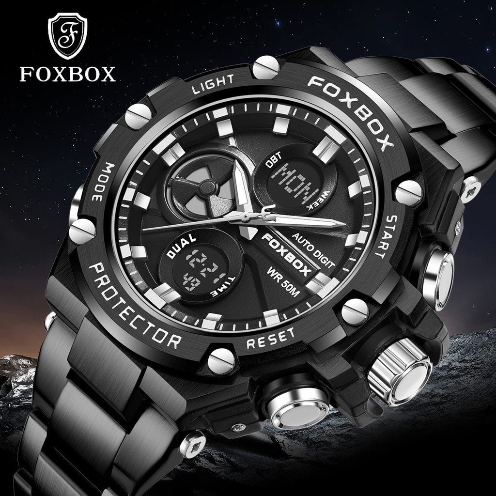 FOXBOX/男士雙顯多功能鬧鐘手錶防水夜光時尚鋼帶電子錶腕錶