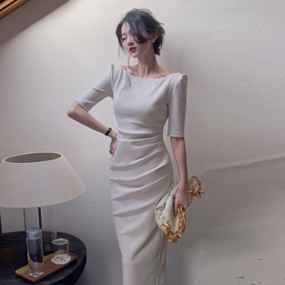 【出貨快速】晴天.Studio 五色 S-XL 從一 白色長袖連衣裙女收腰法式高階感赫本風小眾設計一字肩長裙
