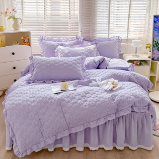 公主風淺紫色絎縫床包款床裙四件組 荷葉花邊小竹棉被套 床裙 枕套 標準雙人 加大雙人 特大雙人