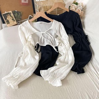 冰絲防曬外套 綁帶黑色透氣防曬罩衫 韓版綁帶罩衫短版長袖 小眾設計透膚防曬衣薄外套坎肩長袖 茶裡茶氣上衣女裝薄款