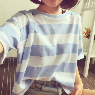 夏季新款韓版學生條紋短袖T恤女士寬鬆衣服上衣女裝