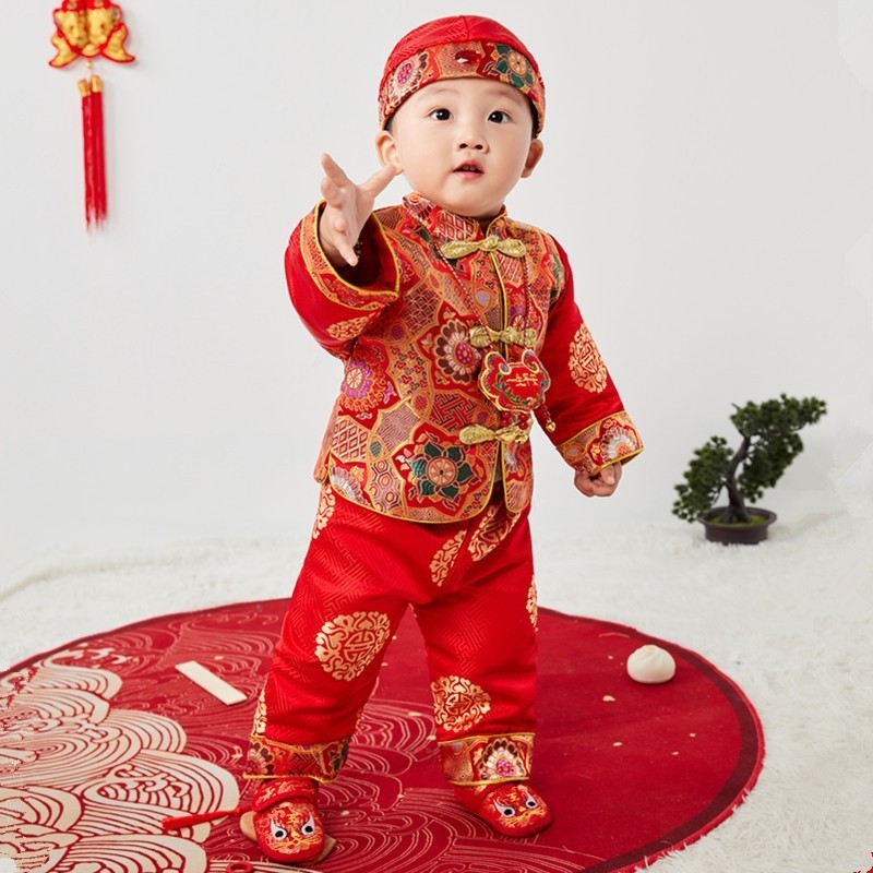 春秋寶寶週歲衣服男童嬰兒抓周禮服女兒童唐裝漢服新年拜年服紅色套裝
