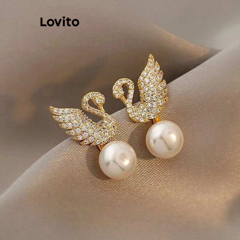 Lovito 女士休閒純珍珠水鑽耳環 LFA18073