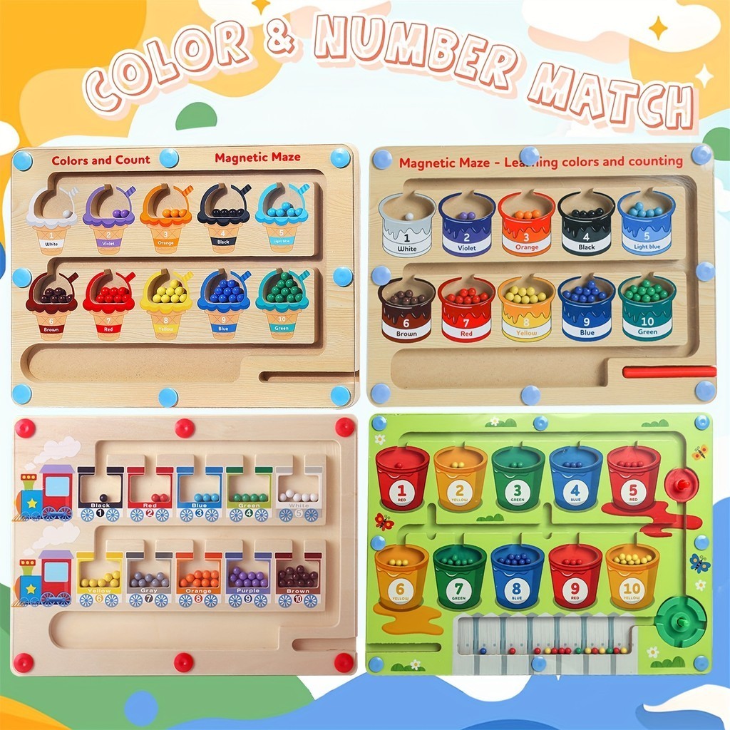 磁性顏色和數字迷宮,木製火車冰淇淋磁性迷宮拼圖蒙台梭利玩具,幼兒活動計數和顏色分類精細運動技能學習玩具兒童 P