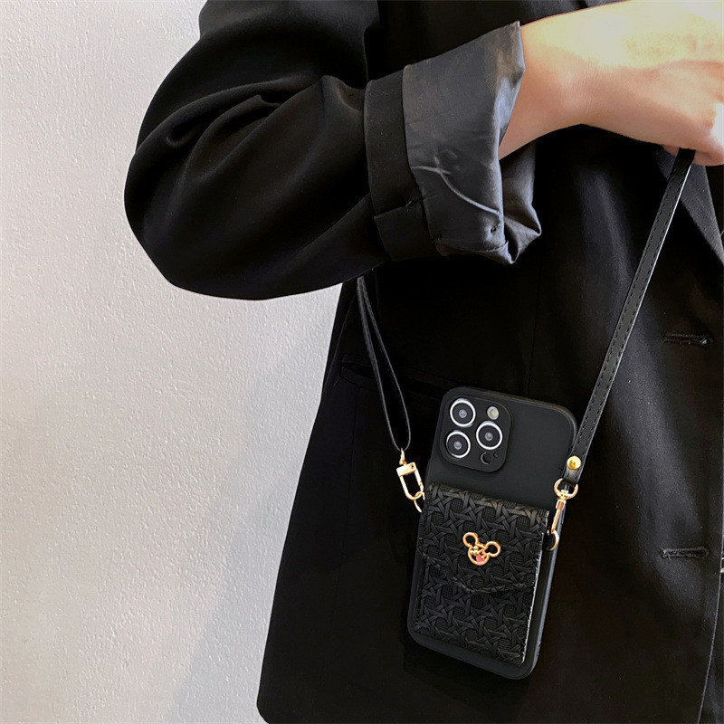 編織米奇卡包適用於 IPhone 14 Promax 手機殼全新 Apple 15 斜挎肩帶 12 手機殼