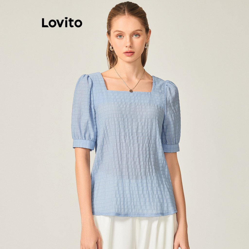 Lovito 女士休閒素色提花泡泡袖襯衫 L71ED004 (藍色/白色)