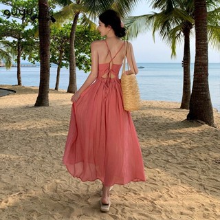性感時尚露背收腰吊帶洋裝甜美度假風顯身材顯高超緊身長裙