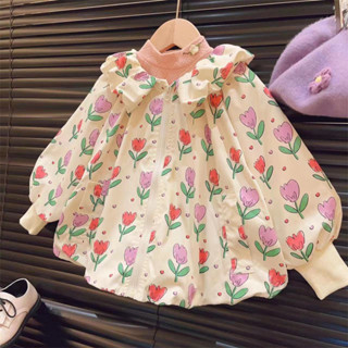 【HOT 本舖】 檸里24新款兒童寶寶秋裝韓版時髦花朵娃娃領長袖拉鏈衝鋒上衣外套