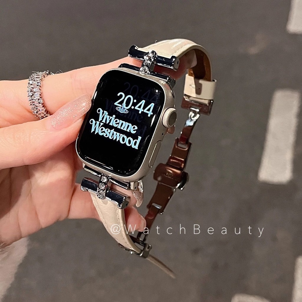 萬事達 皮質 凱旋門鑲鑽 蝴蝶扣 錶帶  適用於Apple Watch S5 S6 S7 S8 S9 se 蘋果手錶錶帶