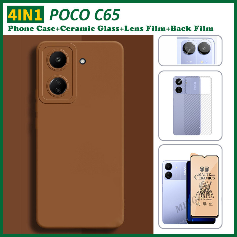 XIAOMI 4合1 POCO C65手機殼小米POCO C65軟矽膠手機殼+陶瓷保護膜+鏡頭膜+後蓋