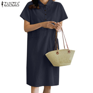 Zanzea 女士韓版日常休閒時尚貼袋純色連衣裙