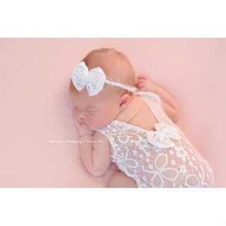 歐美新生兒嬰兒蕾絲鏤空拍照道具衣服蝴蝶結爬服攝影裝飾連身衣